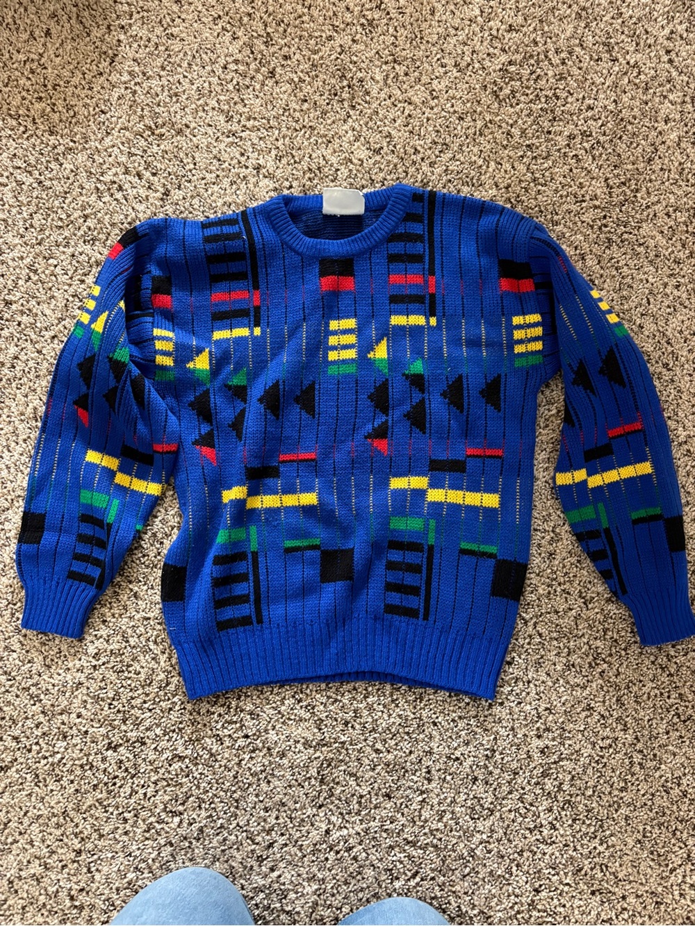 Vintage Blue Geometric Pattern Crewneck Sweater